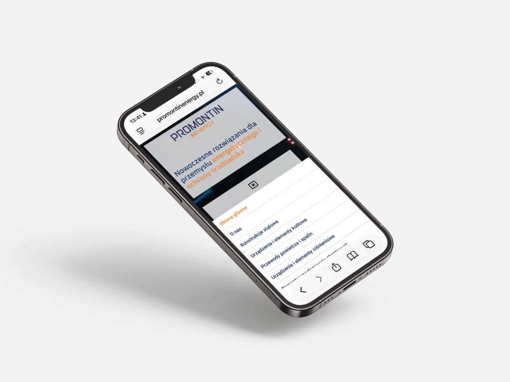 strona internetowa Promontin Energy na telefonie struktura menu i nawigacja mobilna