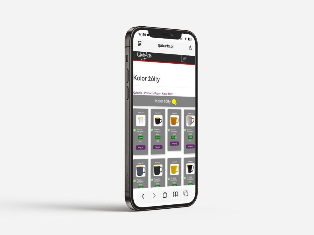 responsywna strona Qubarts na telefonie przeglądanie wariantów kubków widok mobilny