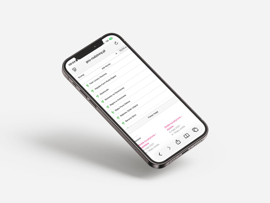 Lista obiektów:portal pro-rodzinny mapa lokalizacji dla rodzin widok mobilny na smartfonie